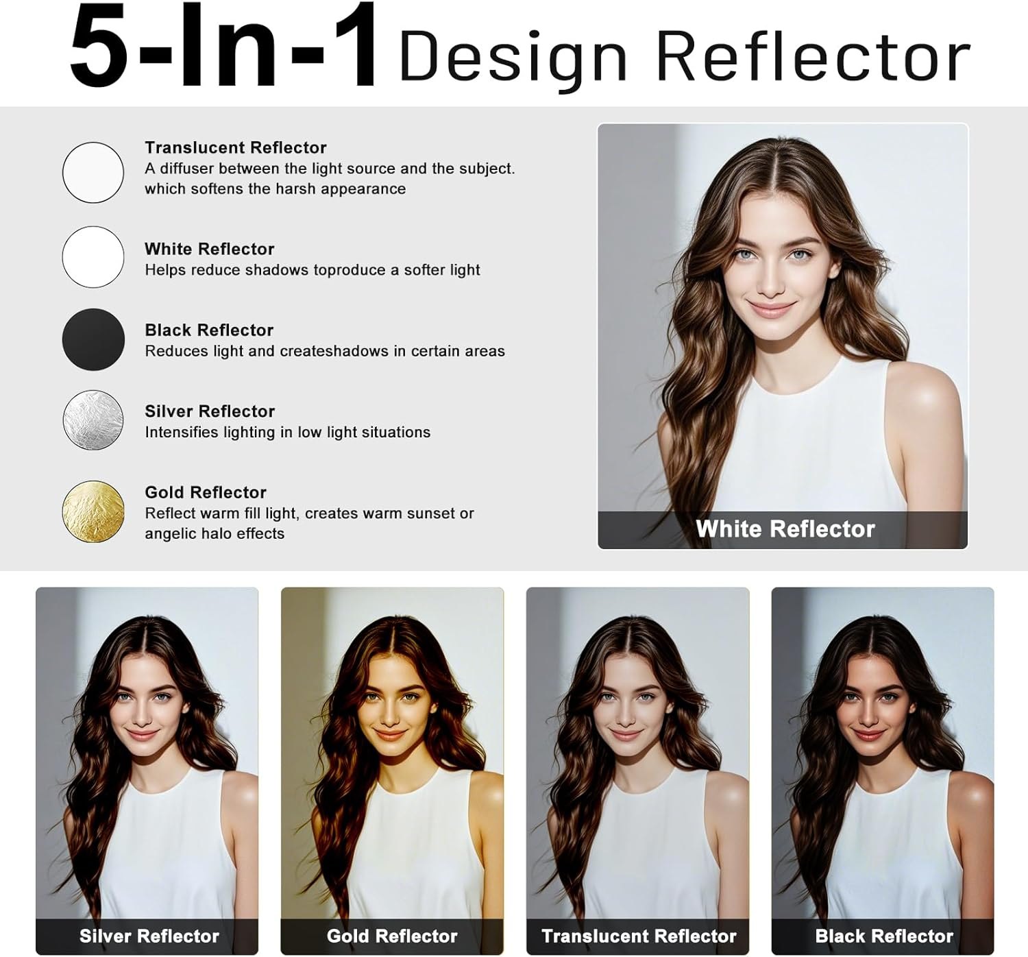 5-in-1 Collapsible Light Reflector (43"/110cm) Photography Reflector Diffuser with Carry Bag for Studio & Outdoor Lighting, Translucent/Silver/Gold/White/Black Surfaces, Portable Multi 110CM/44 Inch — photo 3