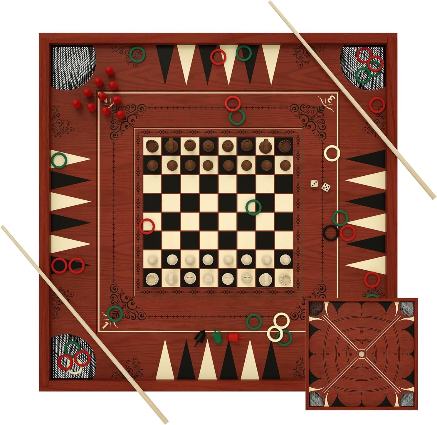 Carron Board Game Set, 27.5 Inch Crokinole/Backgammon/Bowling Game, Tabletop Flicking Game with Discs, All in One Board Game Set for Adults, Family Game Night