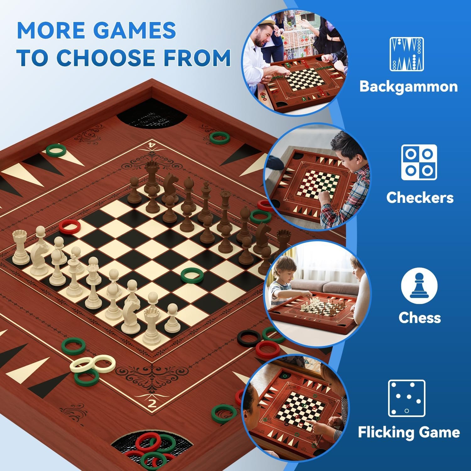 Carron Board Game Set, 27.5 Inch Crokinole/Backgammon/Bowling Game, Tabletop Flicking Game with Discs, All in One Board Game Set for Adults, Family Game Night — photo 3