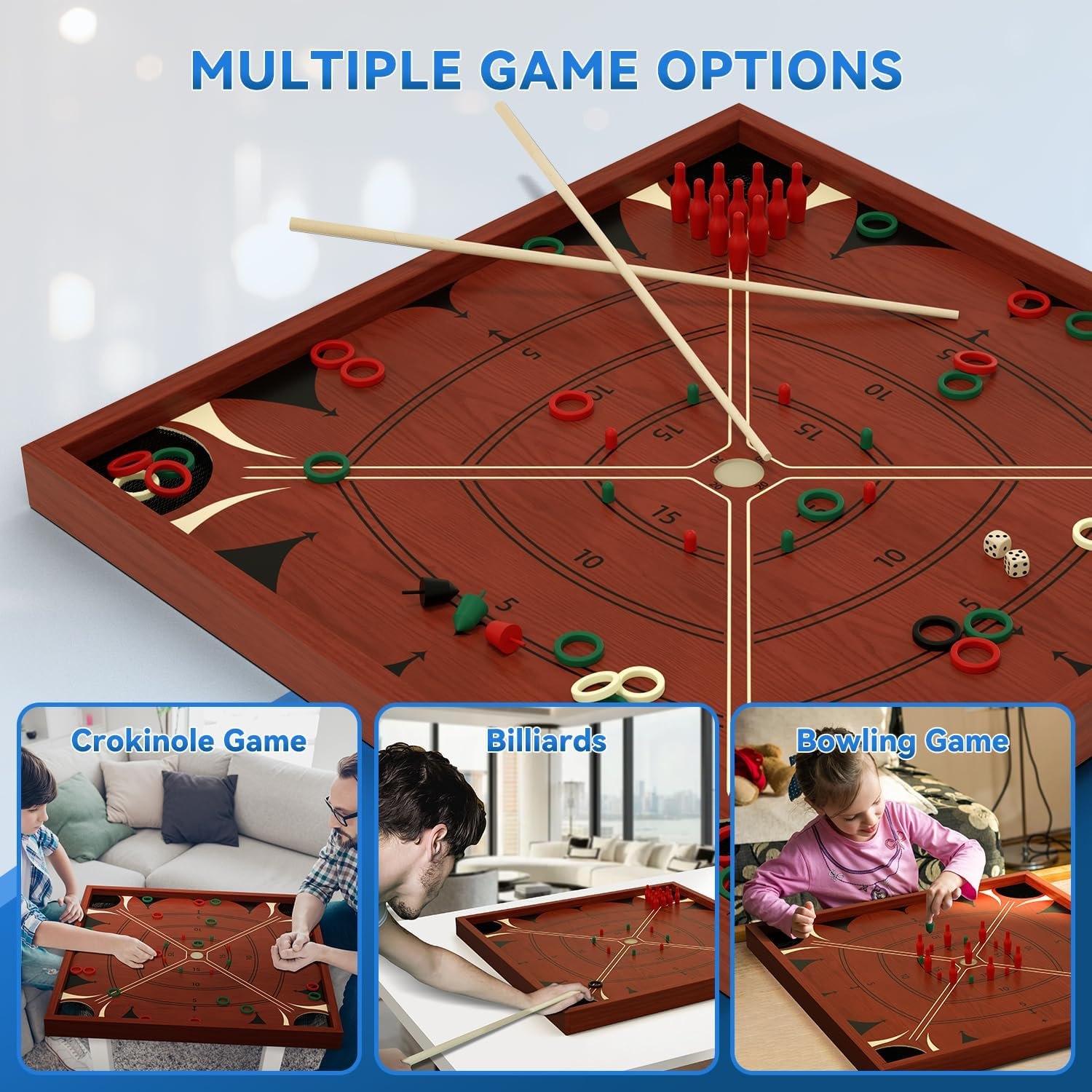 Carron Board Game Set, 27.5 Inch Crokinole/Backgammon/Bowling Game, Tabletop Flicking Game with Discs, All in One Board Game Set for Adults, Family Game Night — photo 4