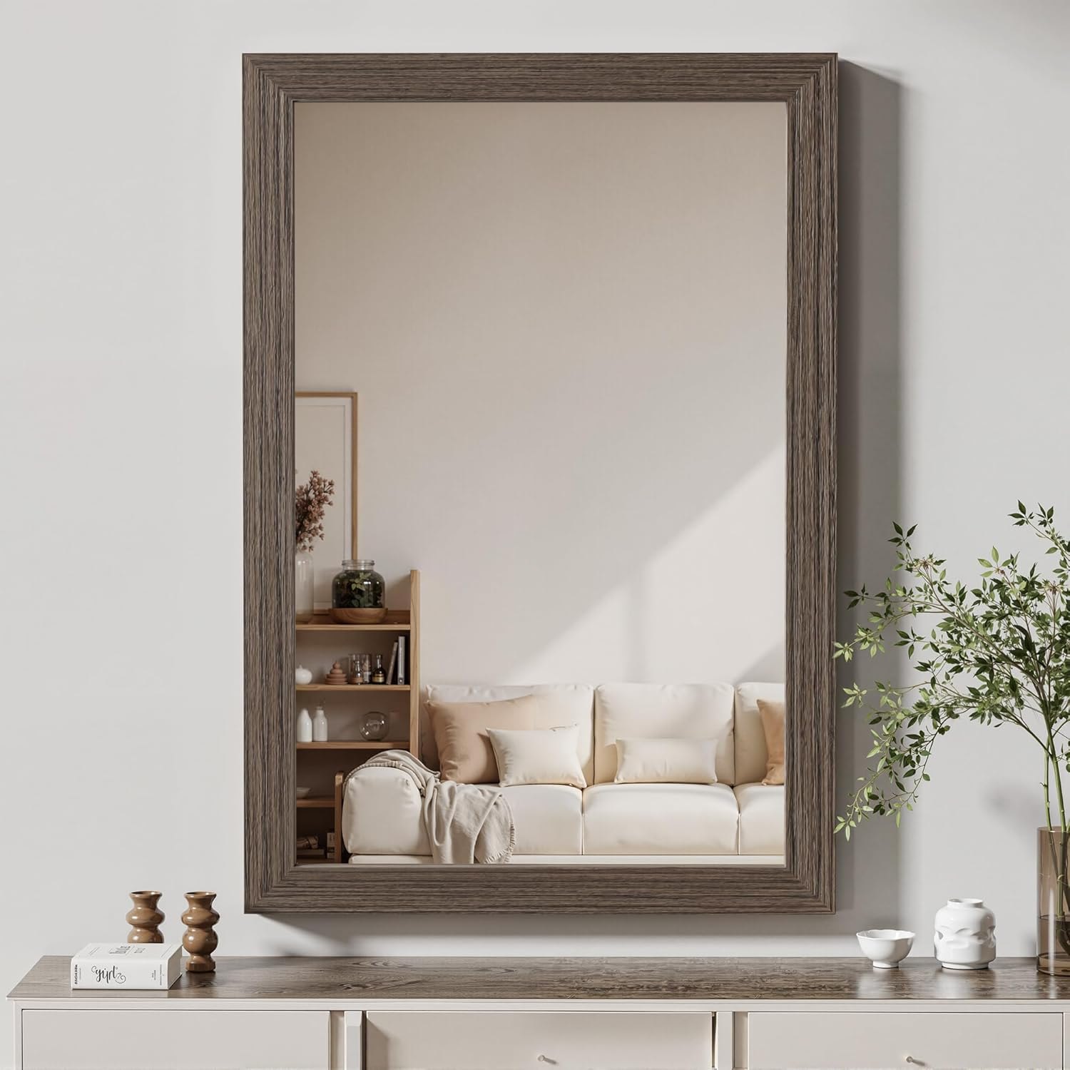 Bathroom Mirror for Wall with Wooden Frame, 36"x24" Rustic Farmhouse Vanity Mirror with Solid Wood Frame, Rectangular Wall-Mounted Mirror for Bathroom, Living Room, or Entryway Brown 36"L x 24"W