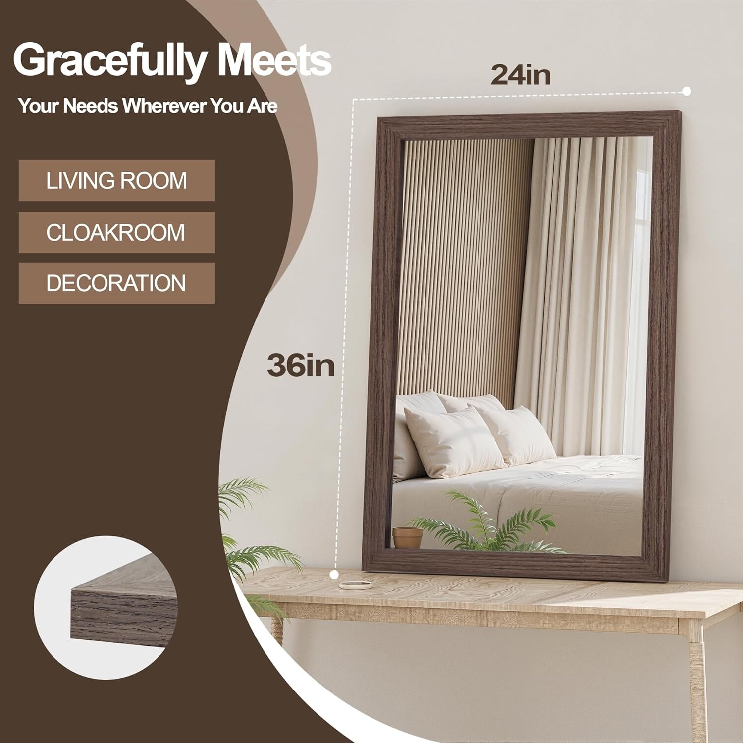 Bathroom Mirror for Wall with Wooden Frame, 36"x24" Rustic Farmhouse Vanity Mirror with Solid Wood Frame, Rectangular Wall-Mounted Mirror for Bathroom, Living Room, or Entryway Brown 36"L x 24"W — photo 2