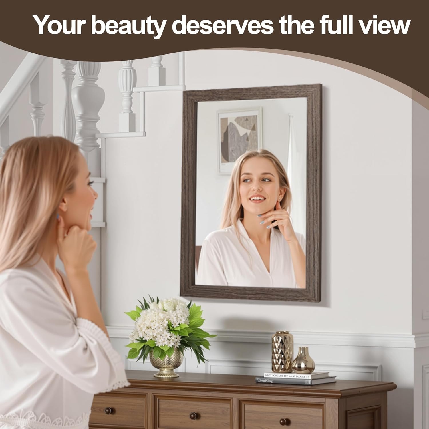 Bathroom Mirror for Wall with Wooden Frame, 36"x24" Rustic Farmhouse Vanity Mirror with Solid Wood Frame, Rectangular Wall-Mounted Mirror for Bathroom, Living Room, or Entryway Brown 36"L x 24"W — photo 3