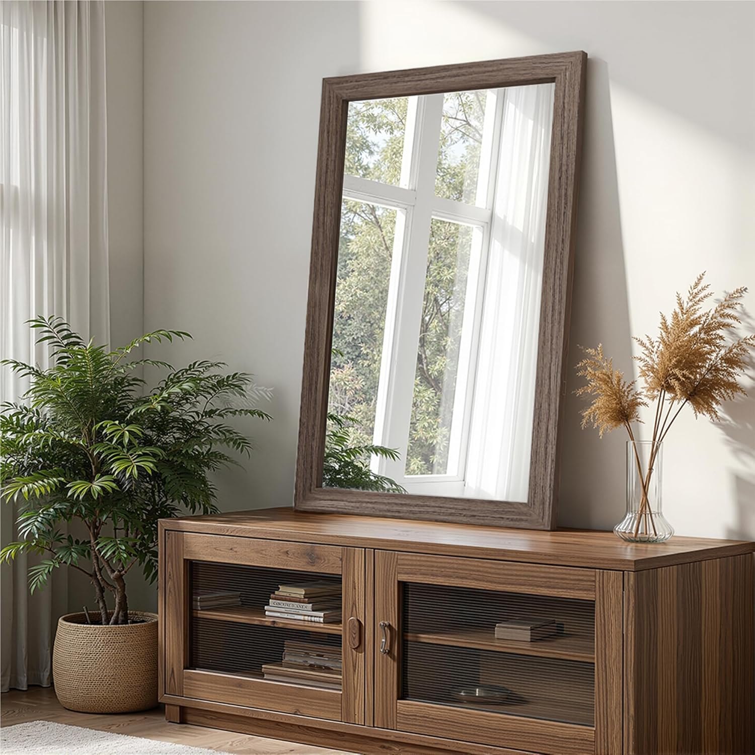 Bathroom Mirror for Wall with Wooden Frame, 36"x24" Rustic Farmhouse Vanity Mirror with Solid Wood Frame, Rectangular Wall-Mounted Mirror for Bathroom, Living Room, or Entryway Brown 36"L x 24"W — photo 6