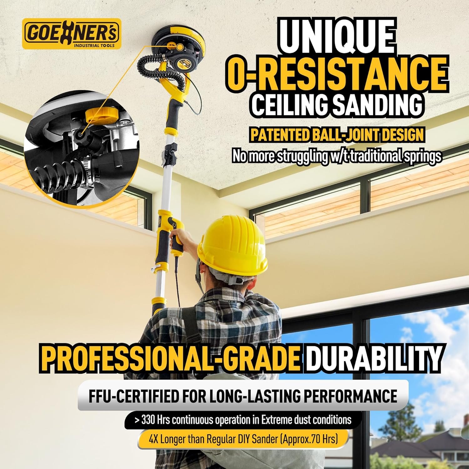 Drywall Sander, 6.5-amp Powerful Electric Drywall Sander with Vacuum, Anto Dust Removal, 7 Variable Speed, 900-1800RPM, Dustless Floor Sander with 26’ Power Cord for Popcorn Ceiling Yellow Already Checked Out — photo 2
