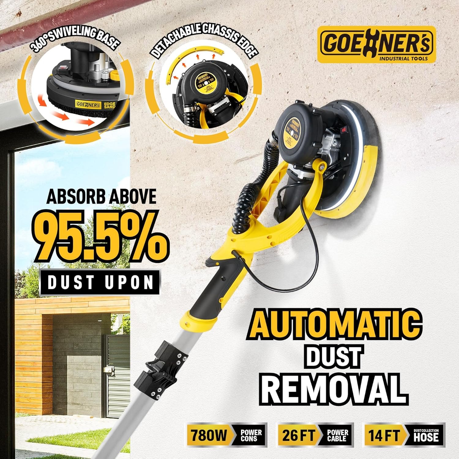 Drywall Sander, 6.5-amp Powerful Electric Drywall Sander with Vacuum, Anto Dust Removal, 7 Variable Speed, 900-1800RPM, Dustless Floor Sander with 26’ Power Cord for Popcorn Ceiling Yellow Already Checked Out — photo 6