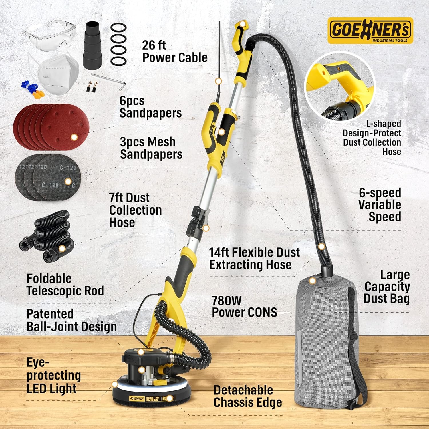 Drywall Sander, 6.5-amp Powerful Electric Drywall Sander with Vacuum, Anto Dust Removal, 7 Variable Speed, 900-1800RPM, Dustless Floor Sander with 26’ Power Cord for Popcorn Ceiling Yellow Already Checked Out — photo 10