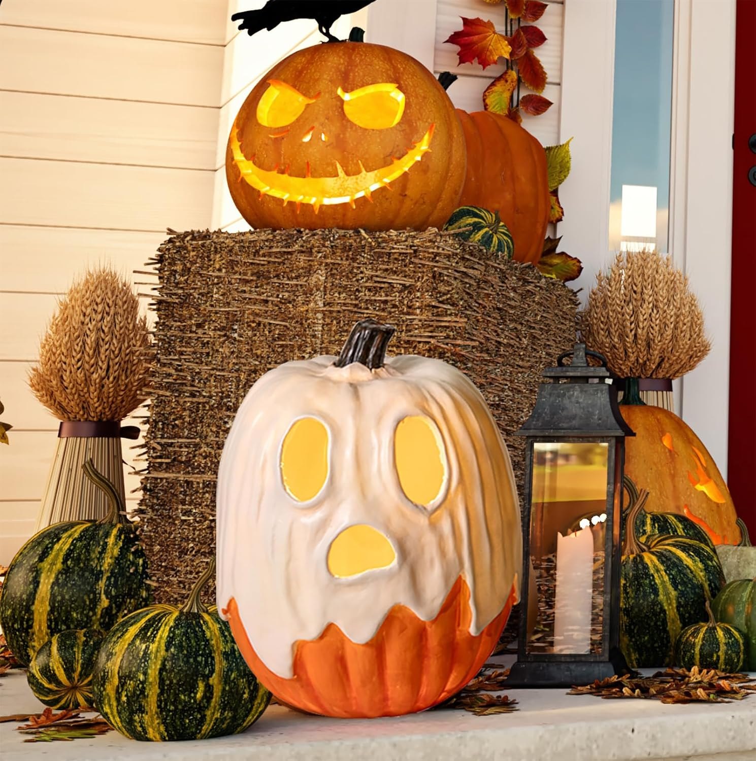 Halloween Decorations - Unique 3 Tiers Stacked Resin Jack-O-Lantern Pumpkin Pathway Solar Lights for Outdoor Garden Yard Porch Front Door (Ghost Pumpkin)
