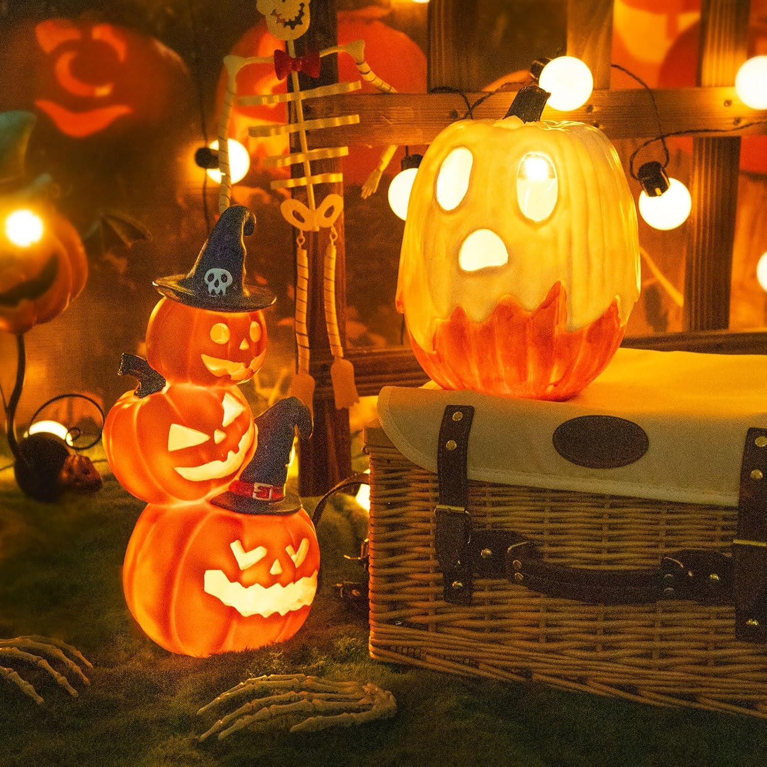 Halloween Decorations - Unique 3 Tiers Stacked Resin Jack-O-Lantern Pumpkin Pathway Solar Lights for Outdoor Garden Yard Porch Front Door (Ghost Pumpkin) — photo 5