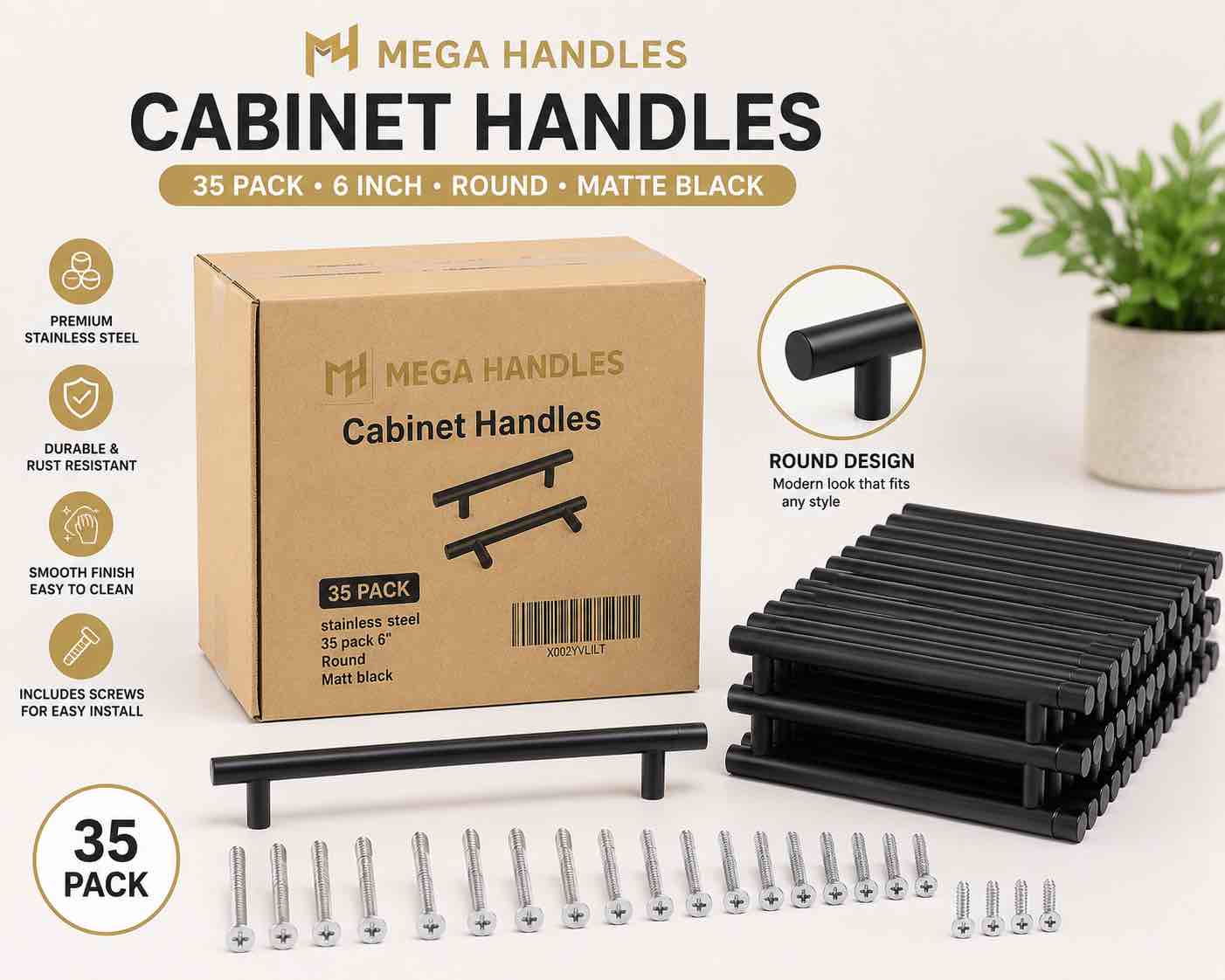 (35 pack) 6 inch stainless steel matte black round cabinet handles PM