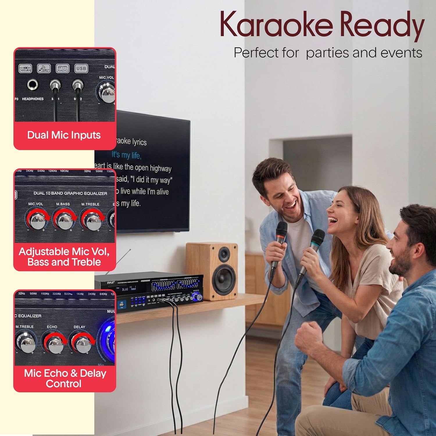 Pyle Bluetooth Hybrid Home Amplifier - 6-Channel 2000W Rack Mount Power Amplifier Receiver w/ Radio - Dual 10 Band EQ, Karaoke Microphone x2, USB, RCA, COAX, OPT, DVD Inputs, HiDef Input and Output 6 channel Amplifier 2000W Amplifier — photo 4