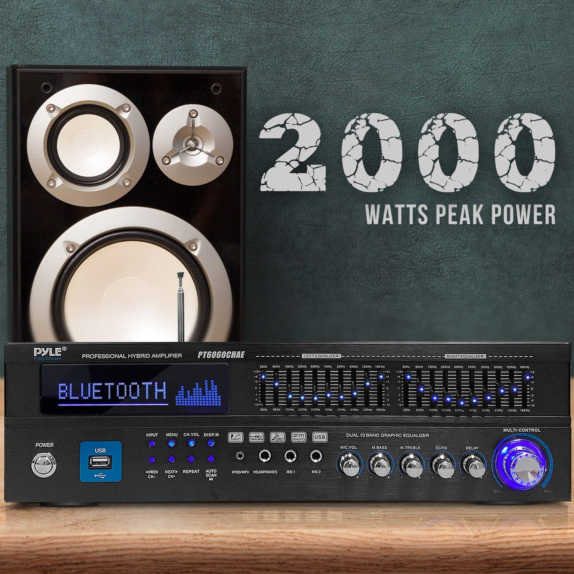 Pyle 6-Channel Bluetooth Hybrid Home Amplifier - 2000W Audio Rack Mount Stereo Power Amplifier Receiver w/ Radio, USB/AUX/RCA/MIC, HD/Optical/Coax, AC-3, DVD Inputs, Dual 10 Band EQ - PT6060CHAE — photo 5