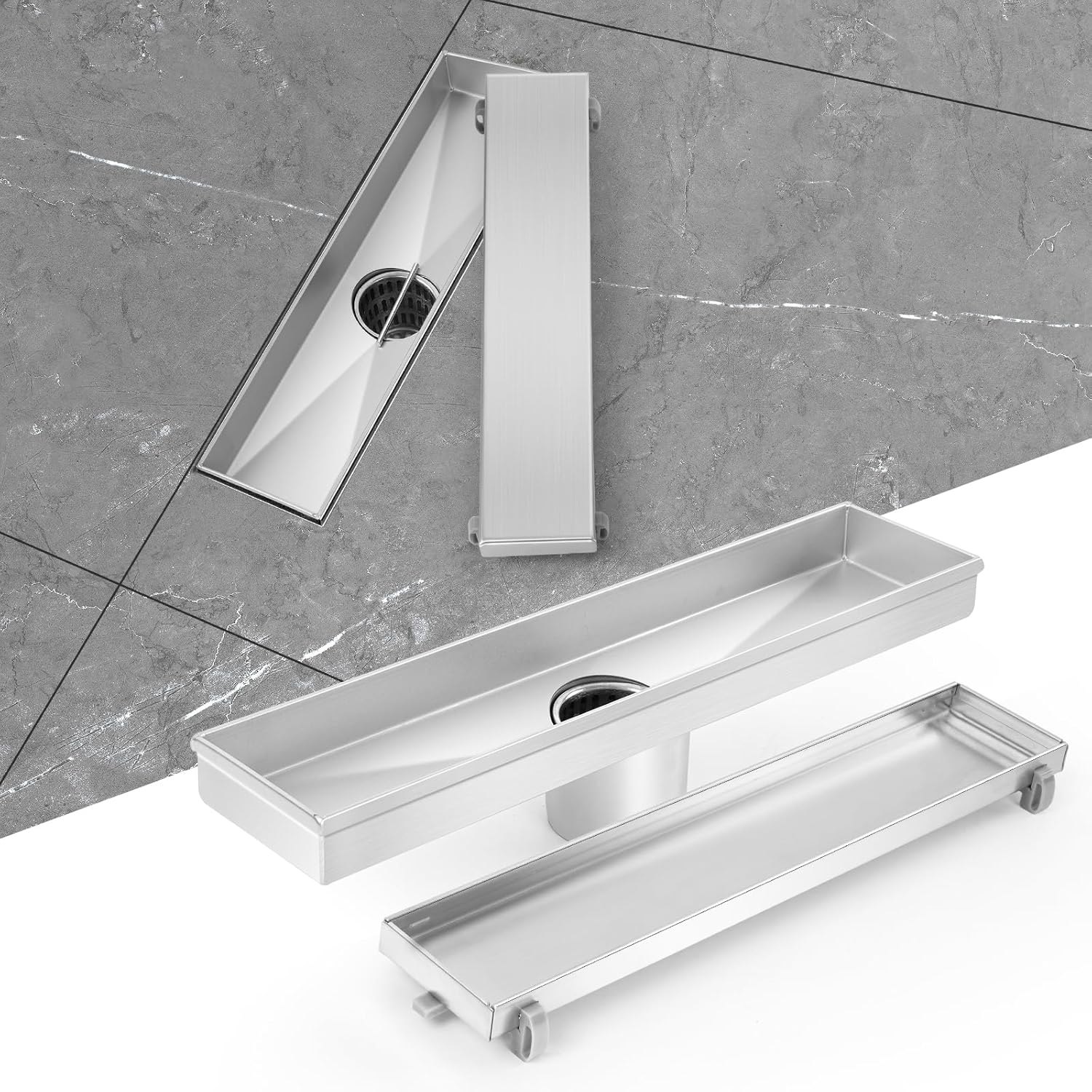 Linear Shower Drain, Shower Drain 12 inch with Removable Grate Cover, Professional Brushed 304 Stainless Steel, Shower Drain with Hair Catcher and Leveling Feet Brushed Nickel 12In