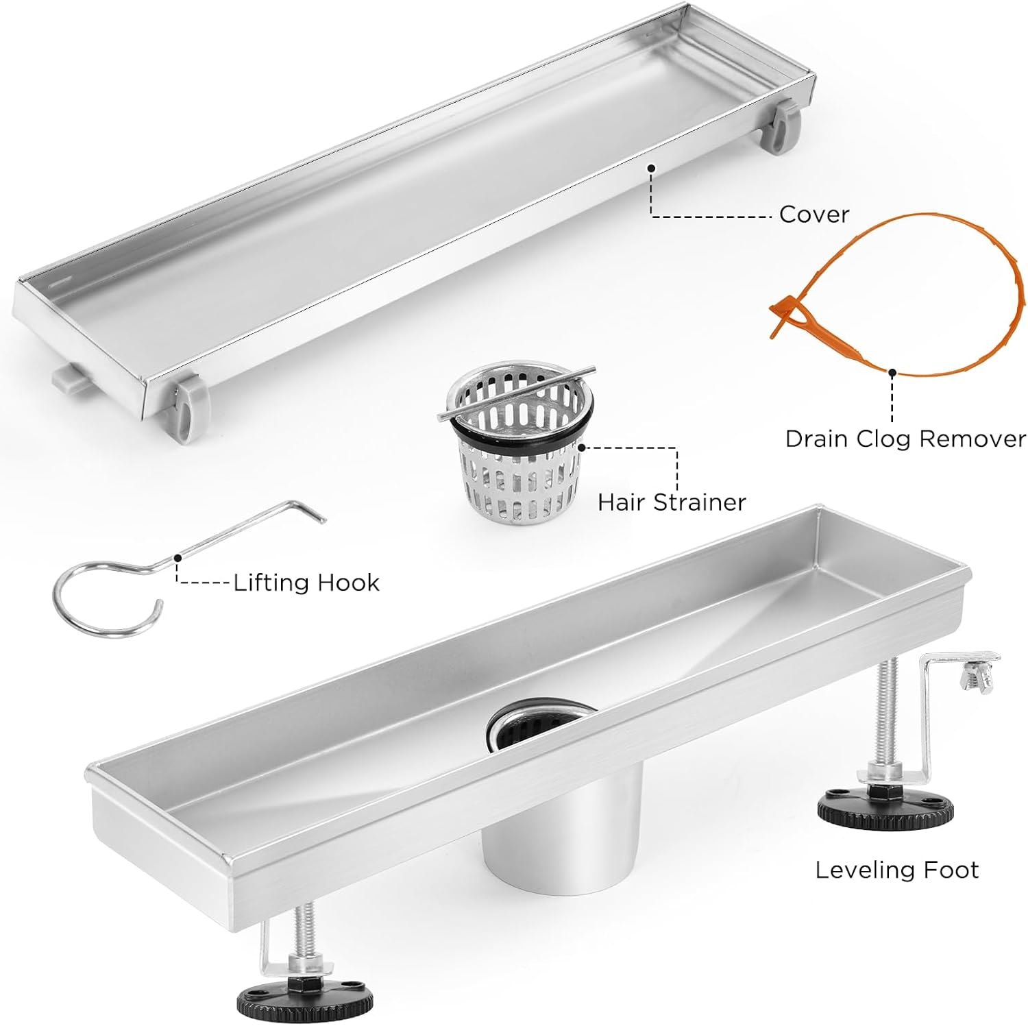 Linear Shower Drain, Shower Drain 12 inch with Removable Grate Cover, Professional Brushed 304 Stainless Steel, Shower Drain with Hair Catcher and Leveling Feet Brushed Nickel 12In — photo 3