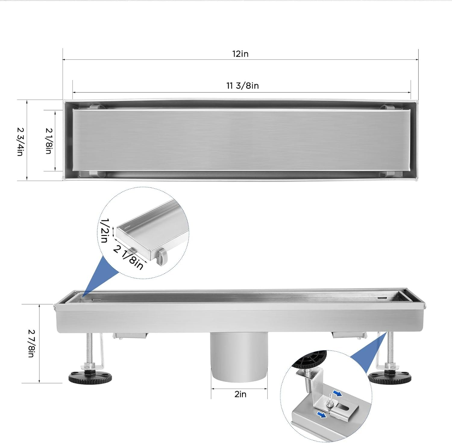 Linear Shower Drain, Shower Drain 12 inch with Removable Grate Cover, Professional Brushed 304 Stainless Steel, Shower Drain with Hair Catcher and Leveling Feet Brushed Nickel 12In — photo 6
