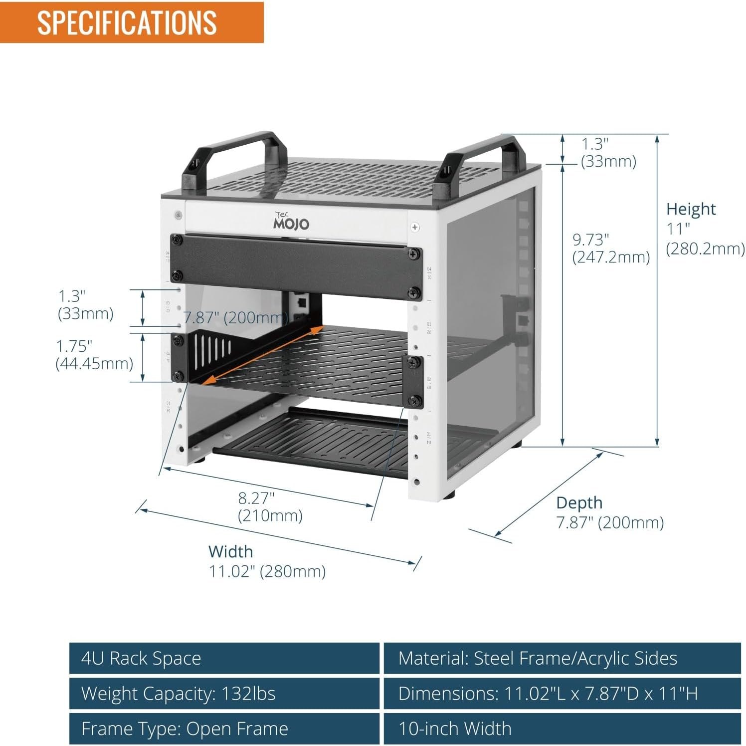 Tecmojo 4U Network Rack, 10 inch Mini Server Rack with 2 Side Translucent Panels & 2 Top Handles, 7.87 inch Deep, for 10 inch IT Equipment & A/V Devices, White 4U/10in/White PM
