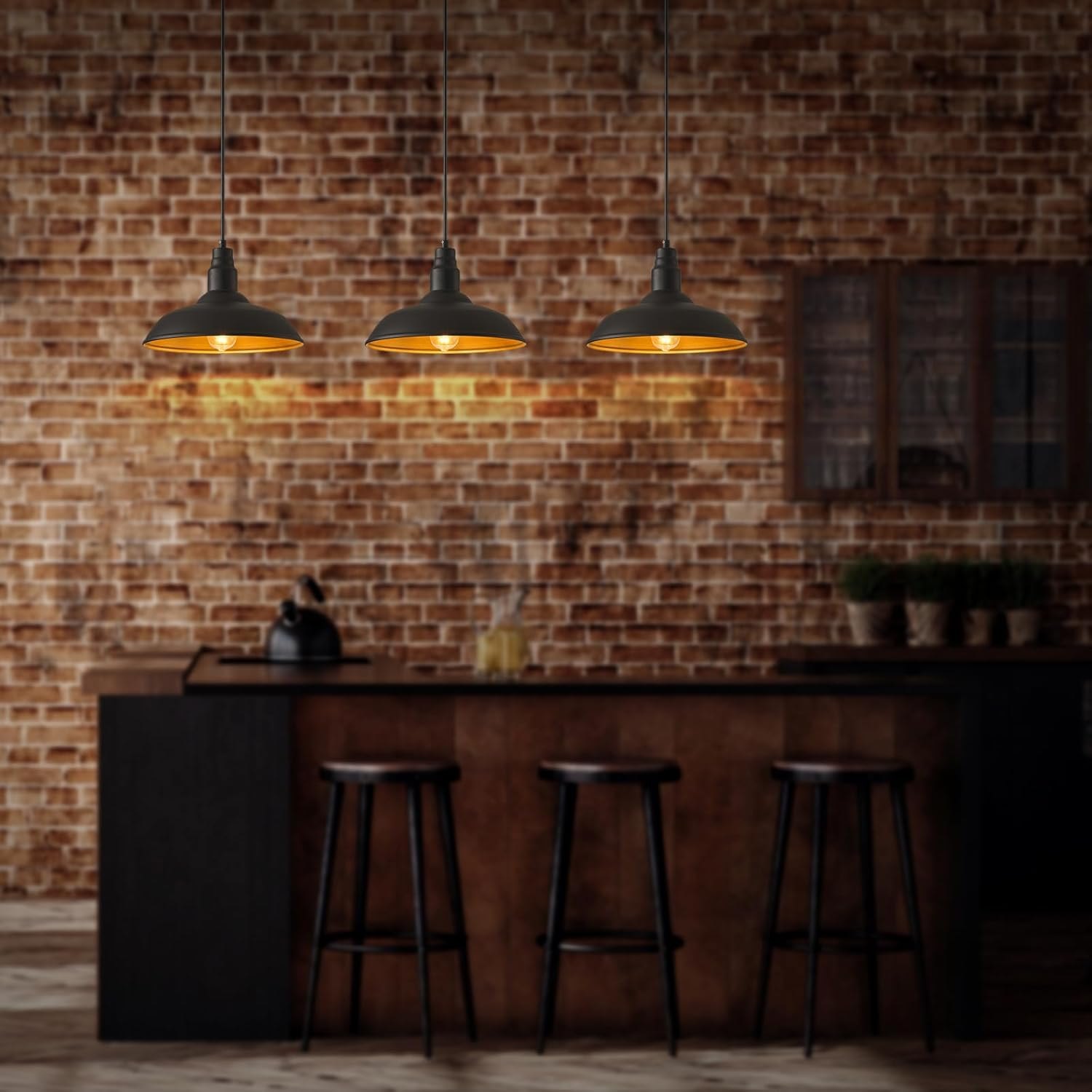 2 Pack Farmhouse Pendant Light for Kitchen, 14in Large Industrial Hanging Lights with Brass Interior, Indoor and Outdoor Ceiling Barn Lighting Fixture with Ajustable Cord for Dinning Room 14" Dome — photo 3
