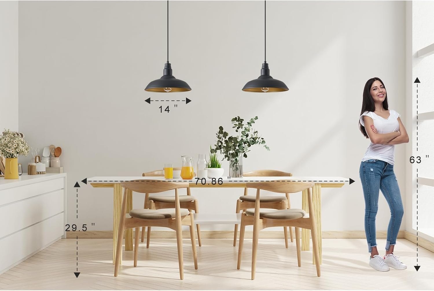2 Pack Farmhouse Pendant Light for Kitchen, 14in Large Industrial Hanging Lights with Brass Interior, Indoor and Outdoor Ceiling Barn Lighting Fixture with Ajustable Cord for Dinning Room 14" Dome — photo 4