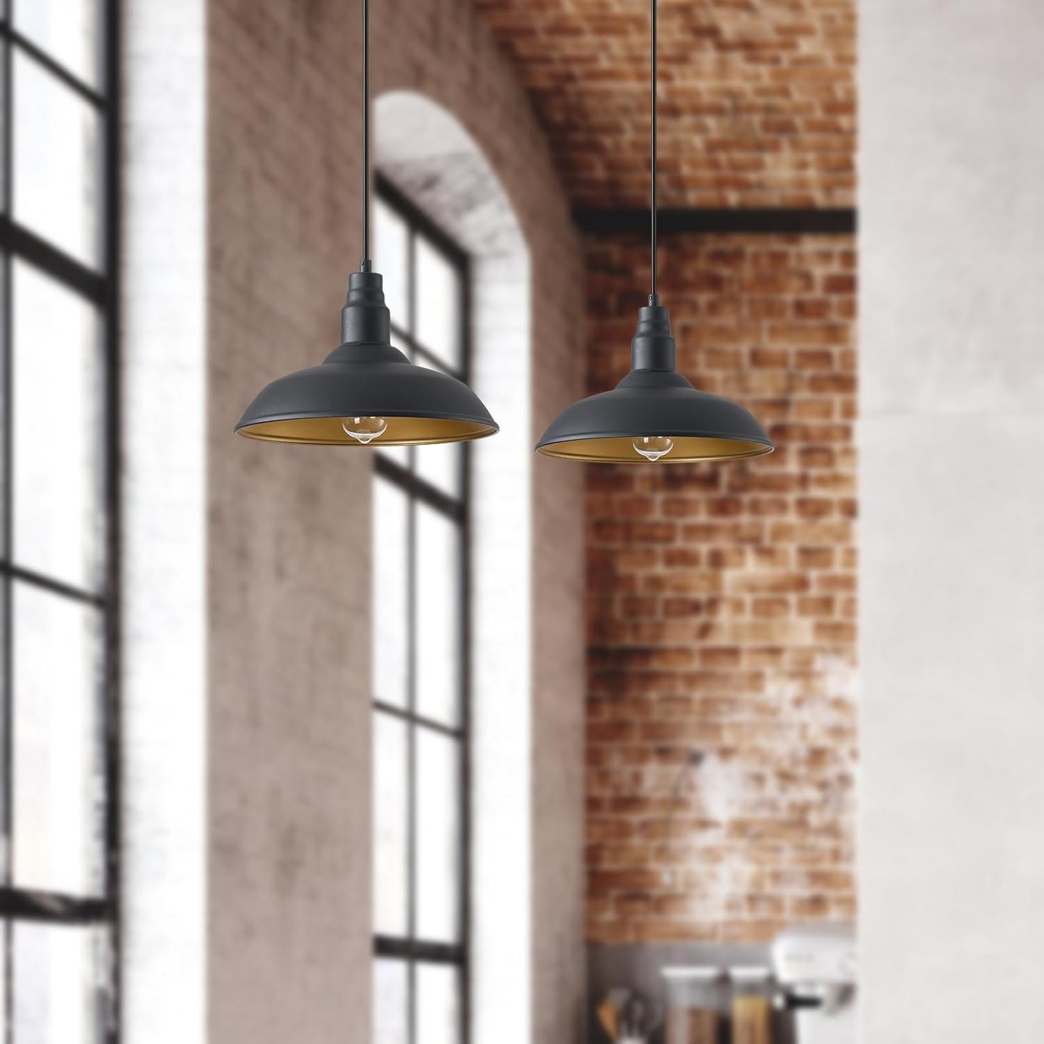 2 Pack Farmhouse Pendant Light for Kitchen, 14in Large Industrial Hanging Lights with Brass Interior, Indoor and Outdoor Ceiling Barn Lighting Fixture with Ajustable Cord for Dinning Room 14" Dome — photo 6