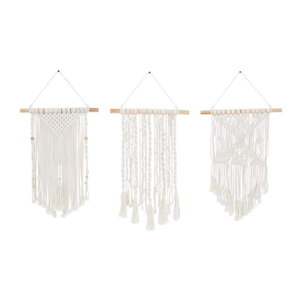 Cotton Cream Handmade Intricately Weaved Macrame Wall Decor with Beaded Fringe Tassels (Set of 3)
