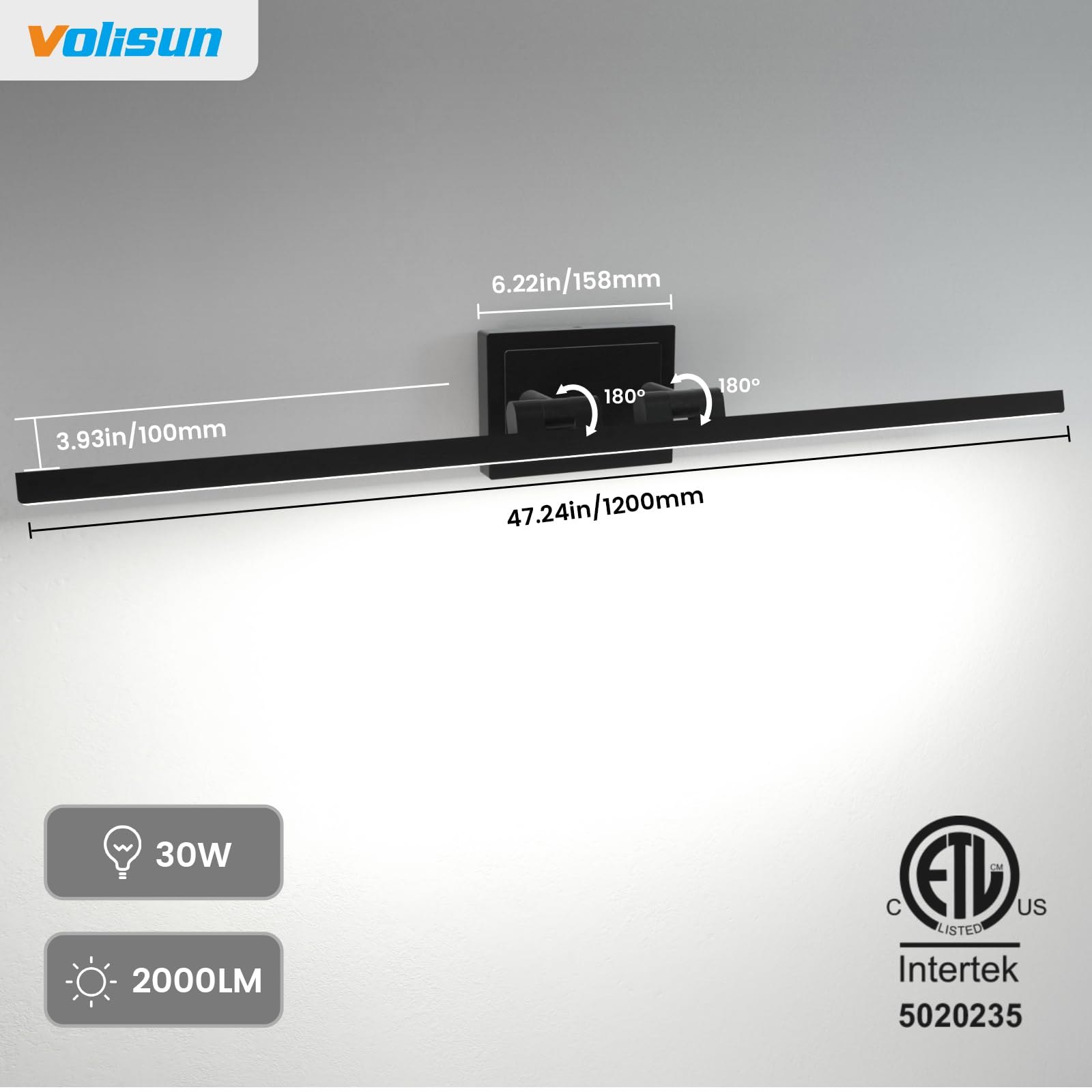 VOLISUN Modern Bathroom Vanity Light 48 inch, Rotatable, 30W Dimmable 5CCT Led Bathroom Light Fixture Over Mirror, Black Bar Vanity Light for Bathroom Mirror Cabinets-ETL Certificated — photo 6