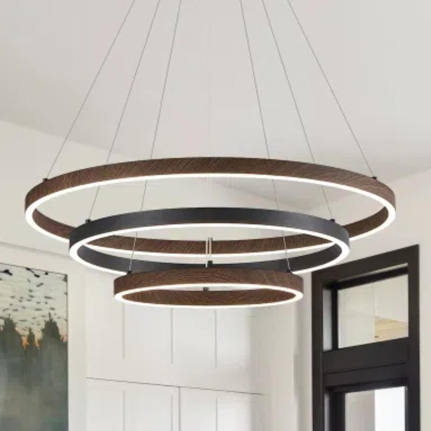 LED 3 Ring Chandelier Dining Room Modern Black Chandelier with Remote Control Dimmable High Ceiling Pendant Light for Entry Foyer Living Room Bedroom Kitchen Island, 75W