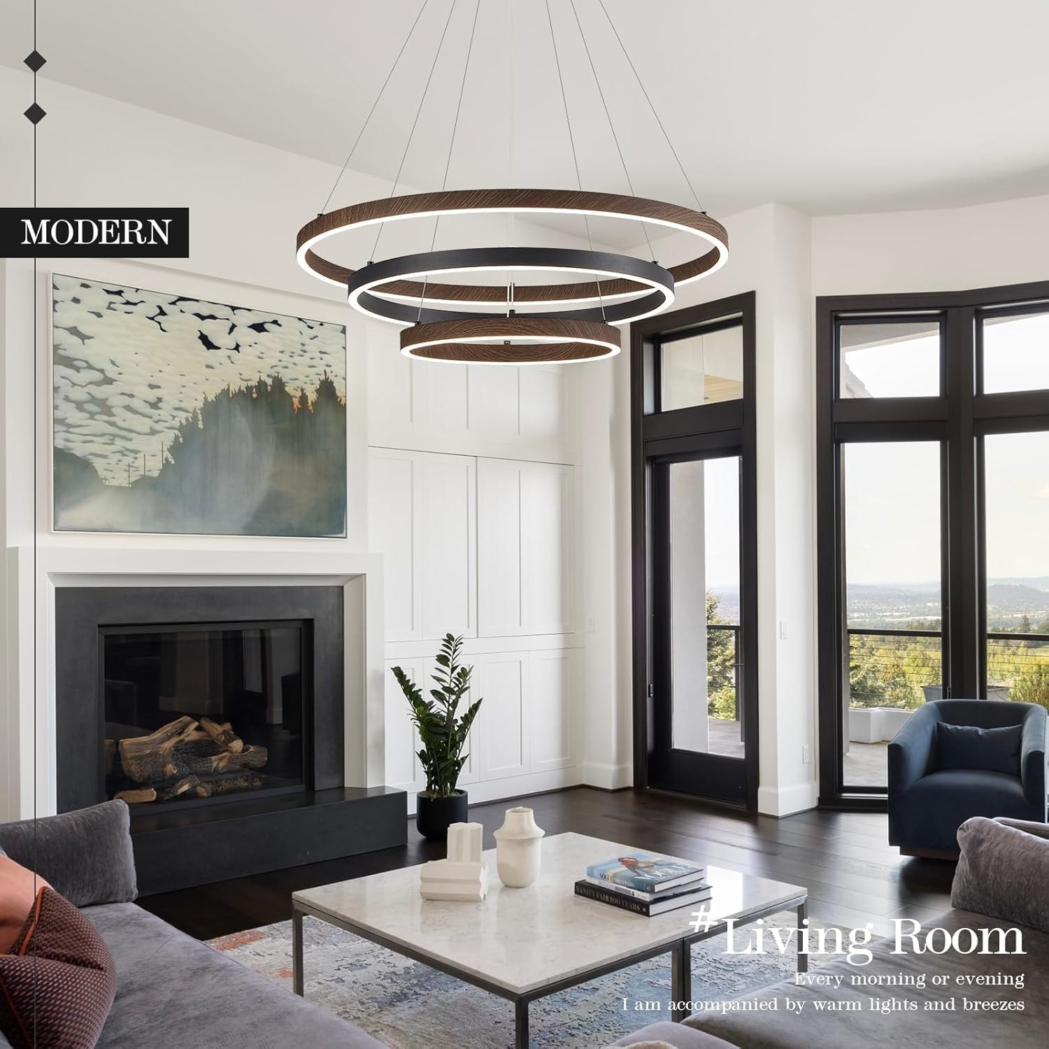 LED 3 Ring Chandelier Dining Room Modern Black Chandelier with Remote Control Dimmable High Ceiling Pendant Light for Entry Foyer Living Room Bedroom Kitchen Island, 75W — photo 2