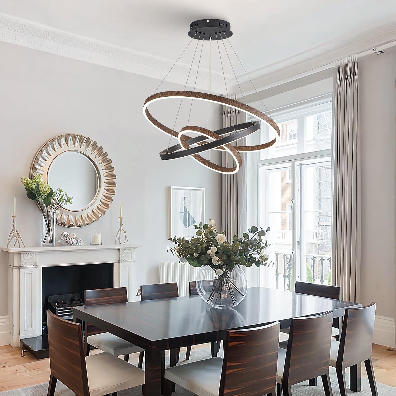 LED 3 Ring Chandelier Dining Room Modern Black Chandelier with Remote Control Dimmable High Ceiling Pendant Light for Entry Foyer Living Room Bedroom Kitchen Island, 75W — photo 4