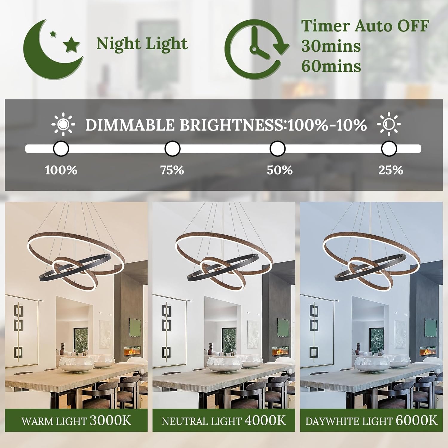 LED 3 Ring Chandelier Dining Room Modern Black Chandelier with Remote Control Dimmable High Ceiling Pendant Light for Entry Foyer Living Room Bedroom Kitchen Island, 75W — photo 5