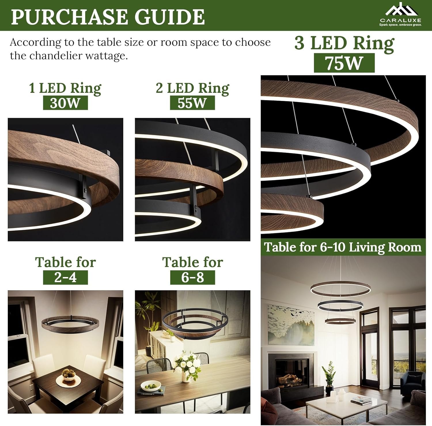 LED 3 Ring Chandelier Dining Room Modern Black Chandelier with Remote Control Dimmable High Ceiling Pendant Light for Entry Foyer Living Room Bedroom Kitchen Island, 75W — photo 6