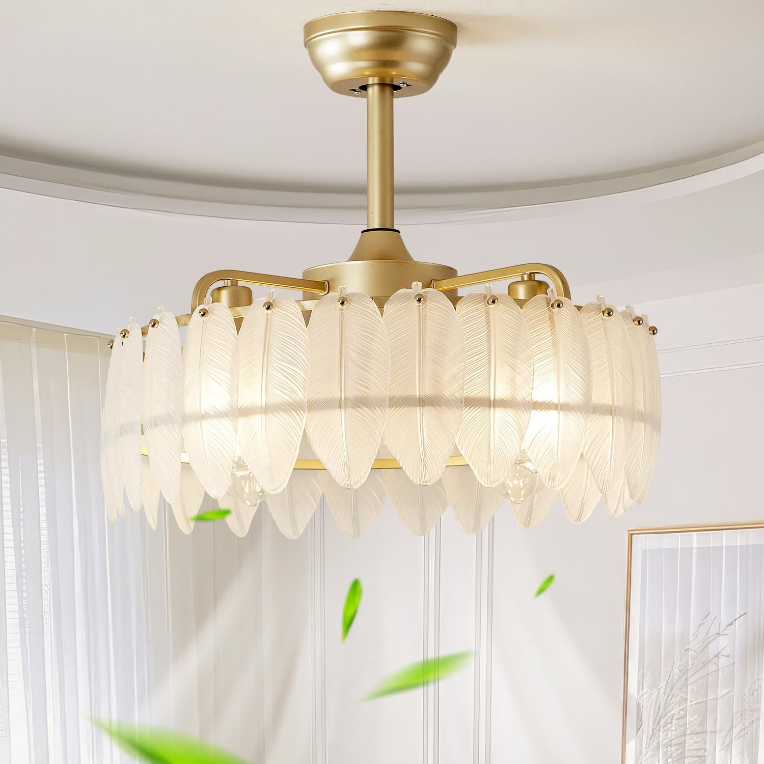 fandelier, fandelier ceiling fan with light, Caged Ceiling Fan with Light Semi Flush Mount, 20 Inch, Remote Control, Gold Fandalier 6 Speeds Low Profile for Girl's Bedroom, Living Room