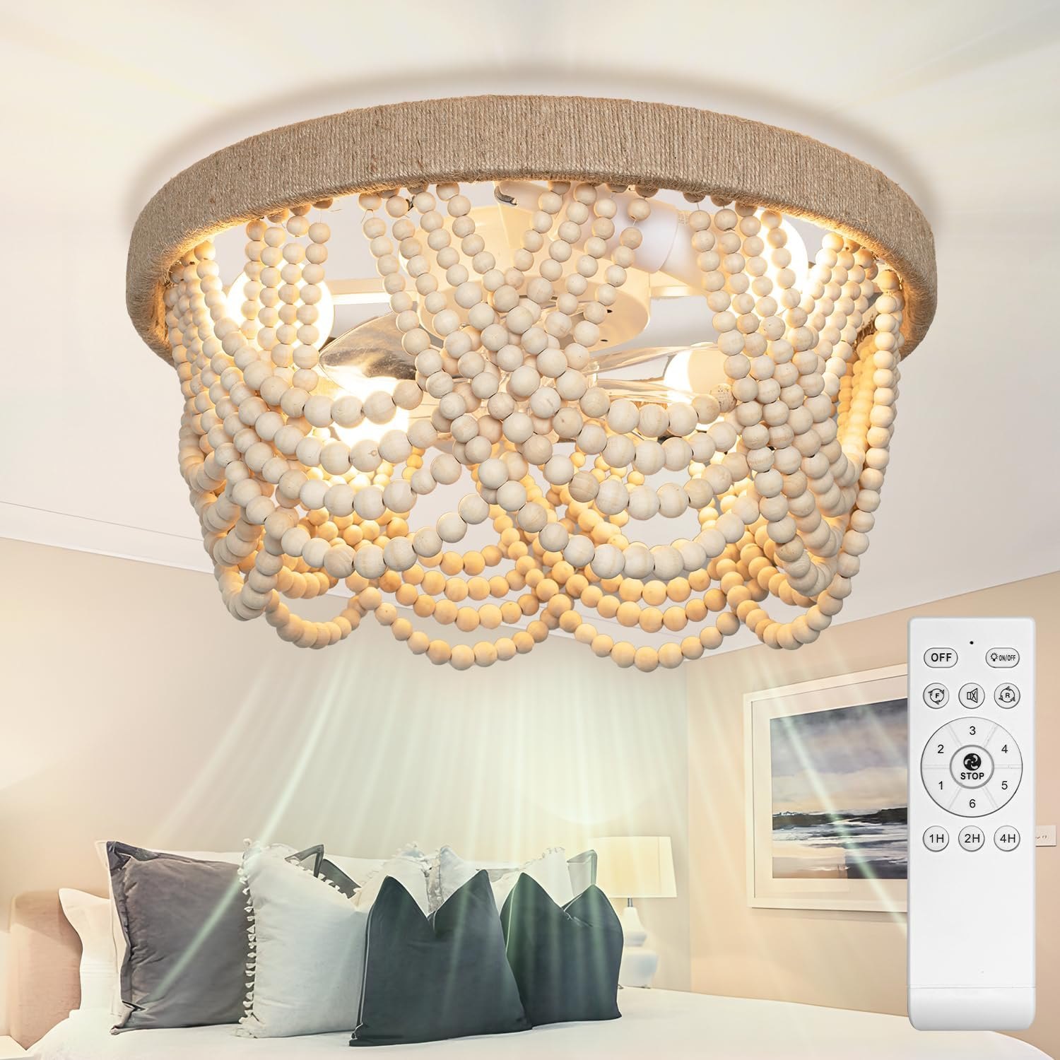 20" Boho Ceiling Fan with Light & Remote, Flush Mount Wood Beaded Fandelier Chandelier, 6-Speed/3 CCT/Bladeless/Quiet DC Motor/Low Profile, for Bedroom Living Room Hallway Patio Kitchen 20" Wood Beaded Flush Mount