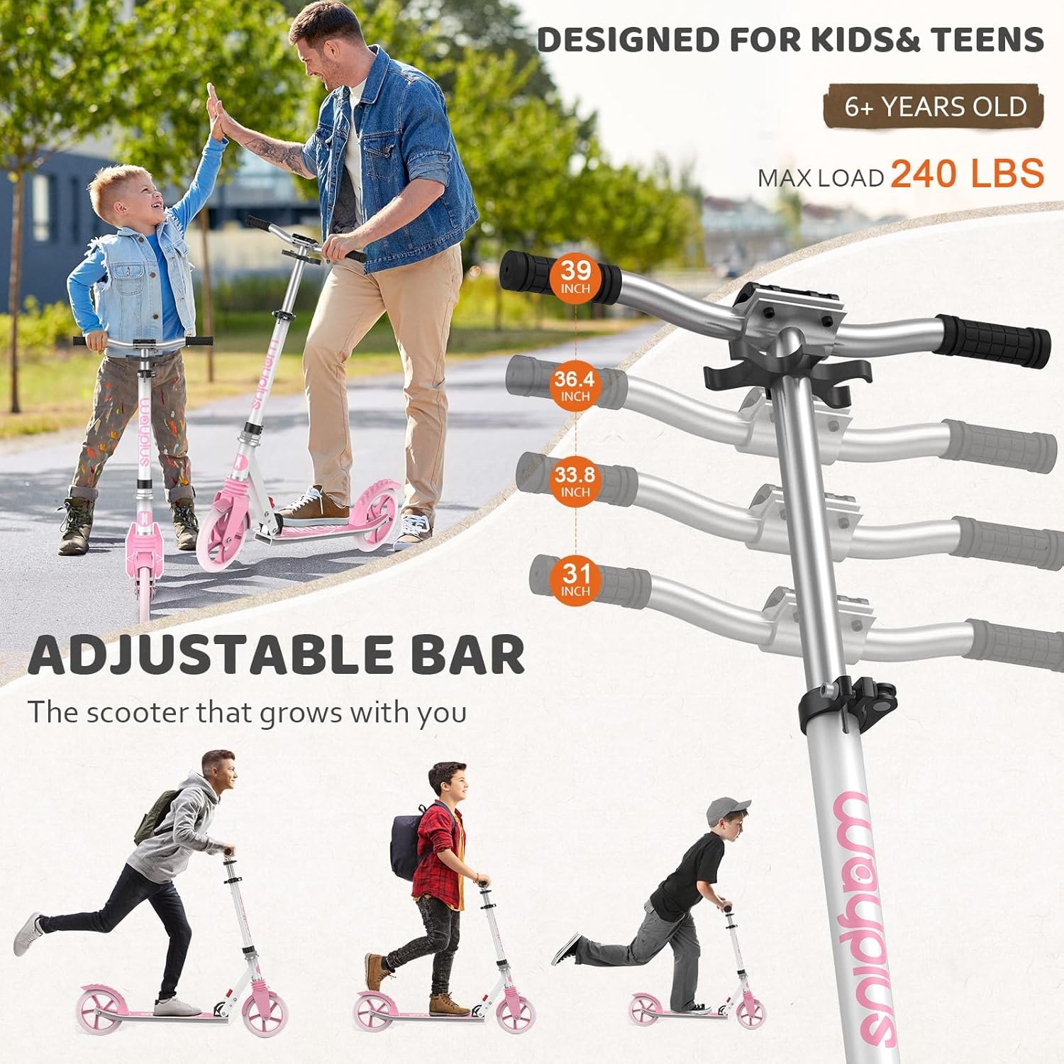 Kick Scooter for Ages 6+,Kid, Teens & Adults. Max Load 240 LBS. Foldable, Lightweight, 8IN Big Wheels for Kids, Teen and Adults, 4 Adjustable Levels. Bearing ABEC9 — photo 3