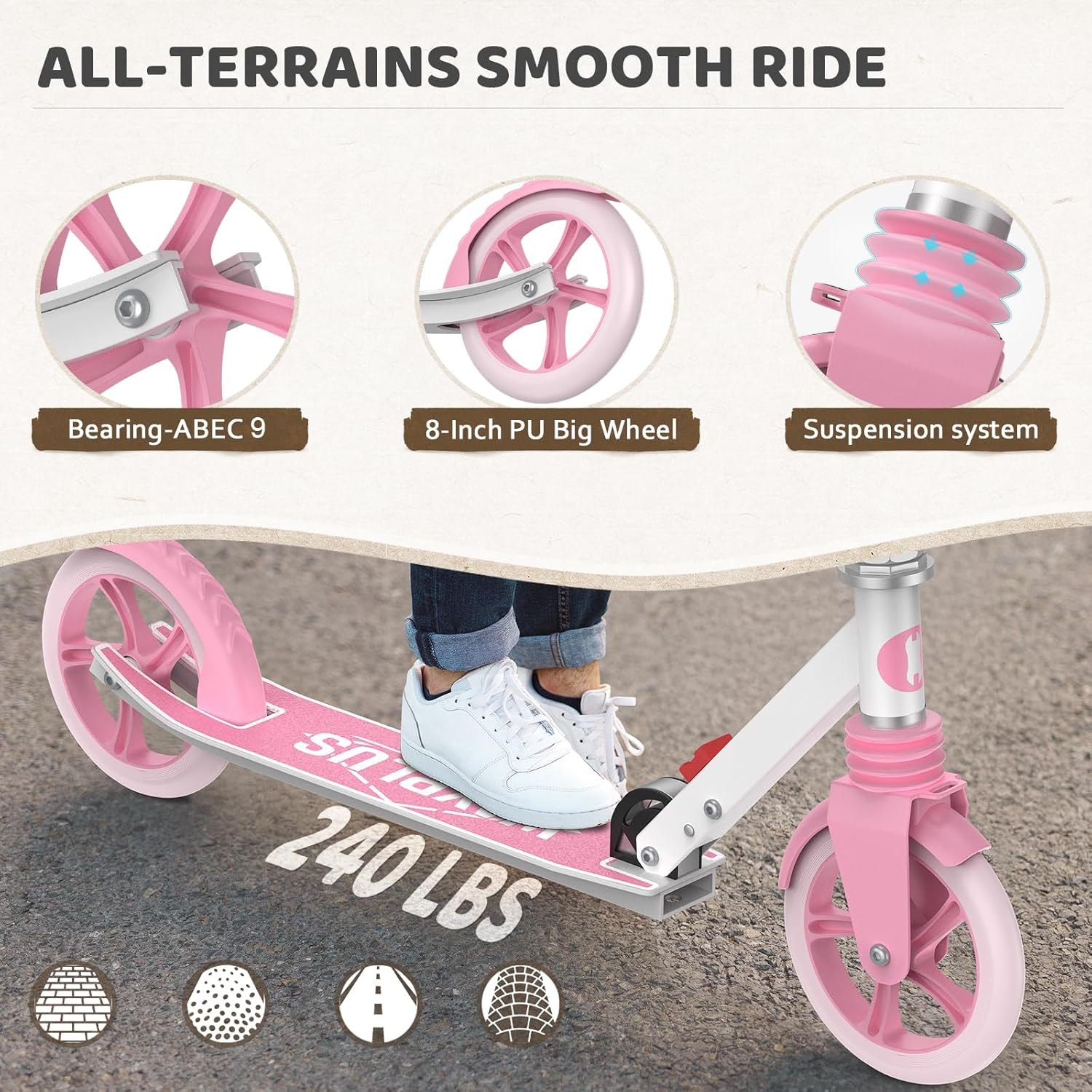 Kick Scooter for Ages 6+,Kid, Teens & Adults. Max Load 240 LBS. Foldable, Lightweight, 8IN Big Wheels for Kids, Teen and Adults, 4 Adjustable Levels. Bearing ABEC9 — photo 4