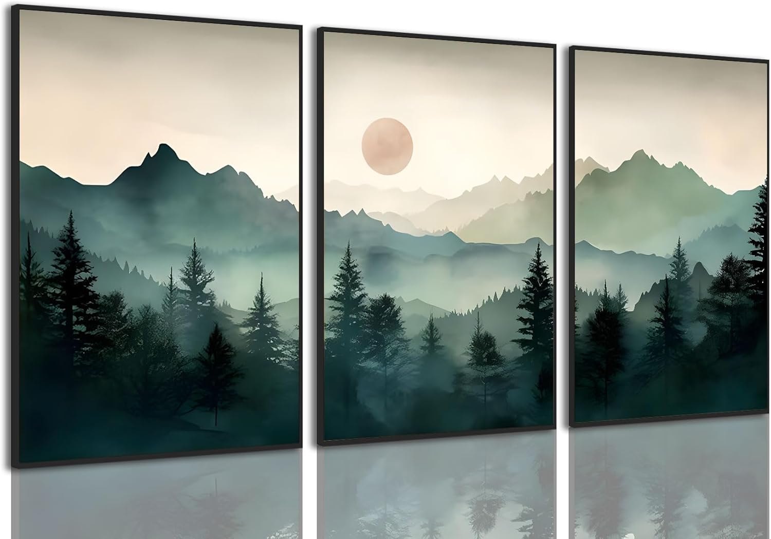 Yolbcdr Framed Mountain Canvas Wall Art Decor Forest Landscape Prints Set of 3 Green Nature Watercolor Painting Pictures Modern Neutral Artwork for Living Room Bedroom Office 16x24in Forest-04 16"x24" Black Framed