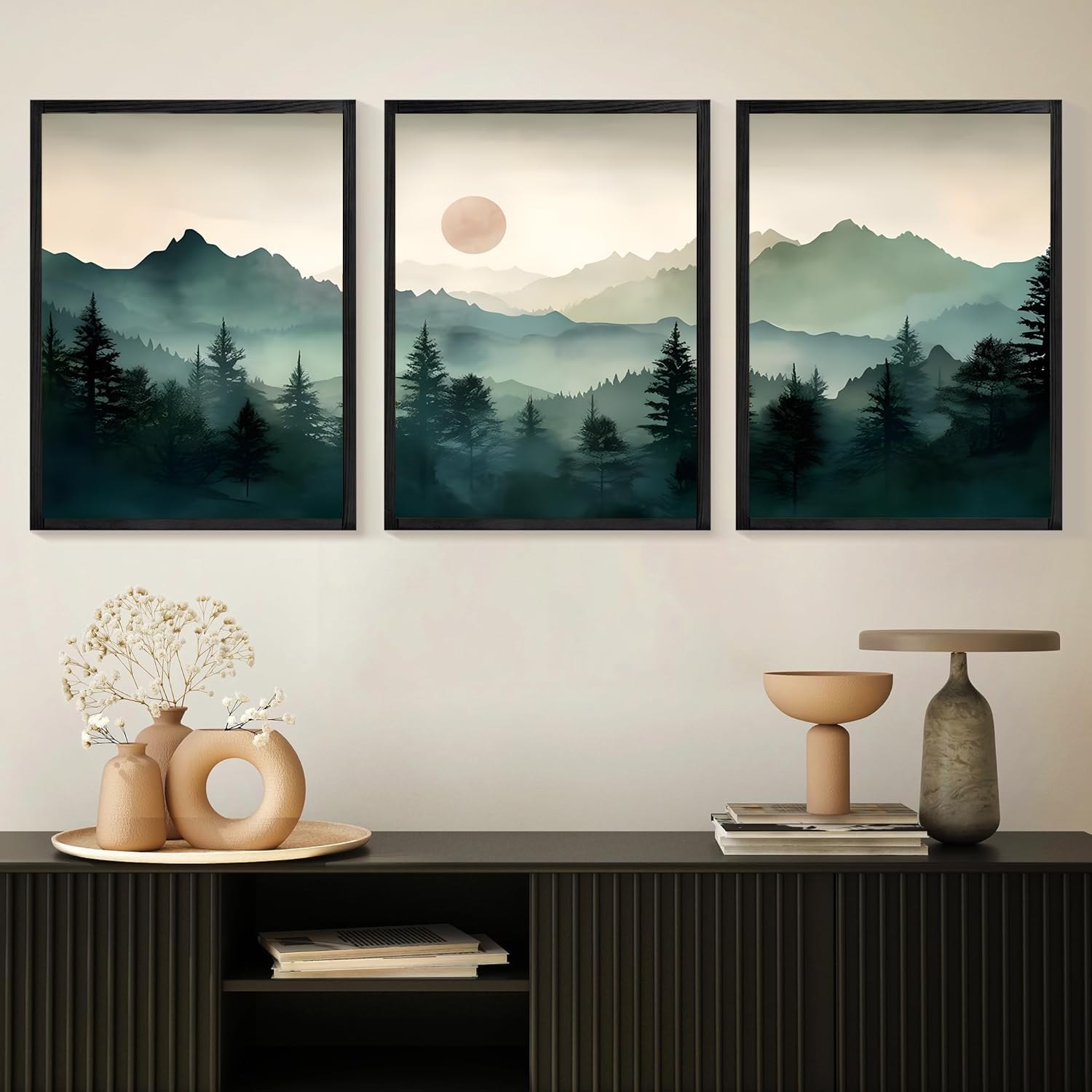 Yolbcdr Framed Mountain Canvas Wall Art Decor Forest Landscape Prints Set of 3 Green Nature Watercolor Painting Pictures Modern Neutral Artwork for Living Room Bedroom Office 16x24in Forest-04 16"x24" Black Framed — photo 3