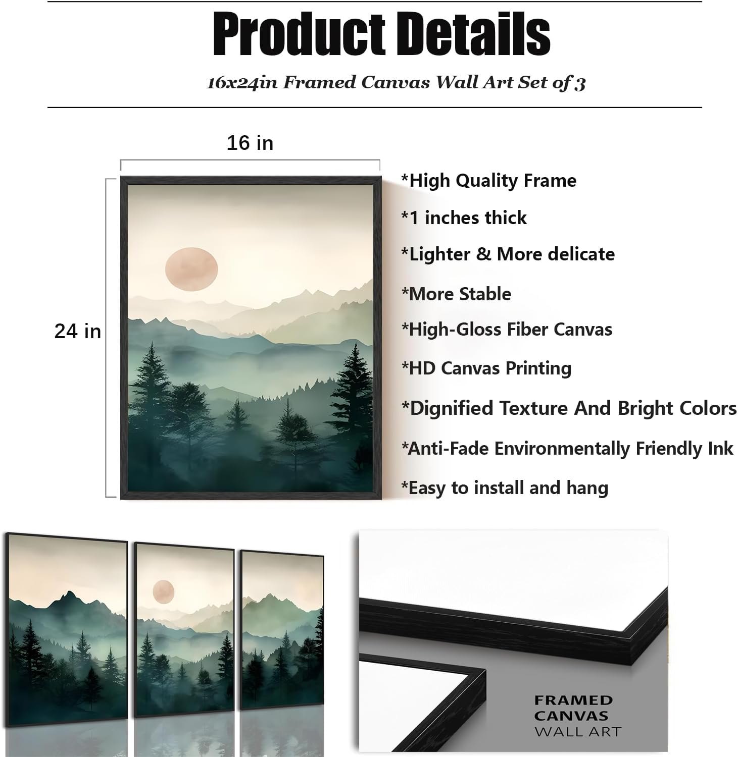 Yolbcdr Framed Mountain Canvas Wall Art Decor Forest Landscape Prints Set of 3 Green Nature Watercolor Painting Pictures Modern Neutral Artwork for Living Room Bedroom Office 16x24in Forest-04 16"x24" Black Framed — photo 6