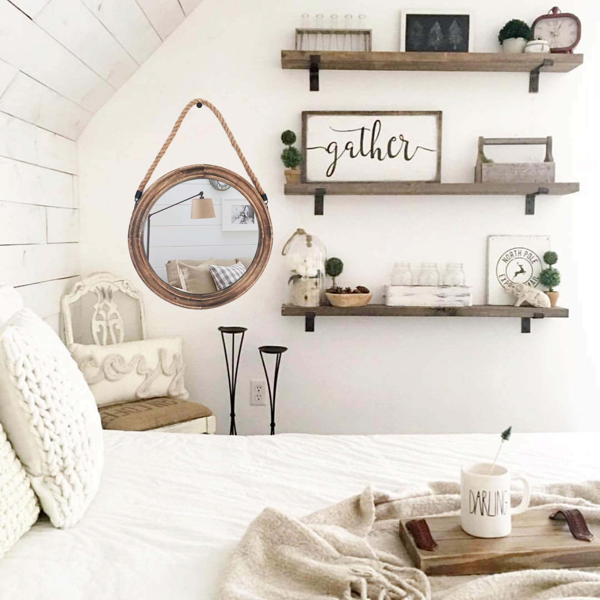 Funly mee 16.2 Inch Rustic Round Decorative Mirror with Solid Wood Frame&Rope Hanging,Farmhouse Antique Wall Decor (L) — photo 2
