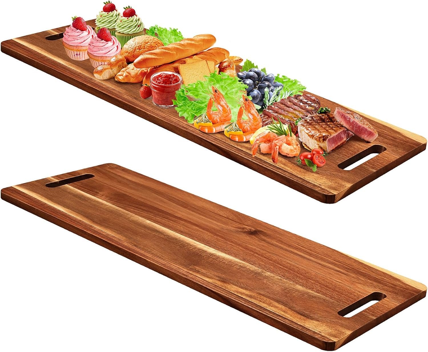 Bokon 2 Pcs Acacia Wooden Charcuterie Boards Acacia Serving Board with Handle Rectangular Hollow Handle Wood Tray Wooden Serving Platter Christmas Favors Wood Server for Cheese Food(30 x 12 Inch)