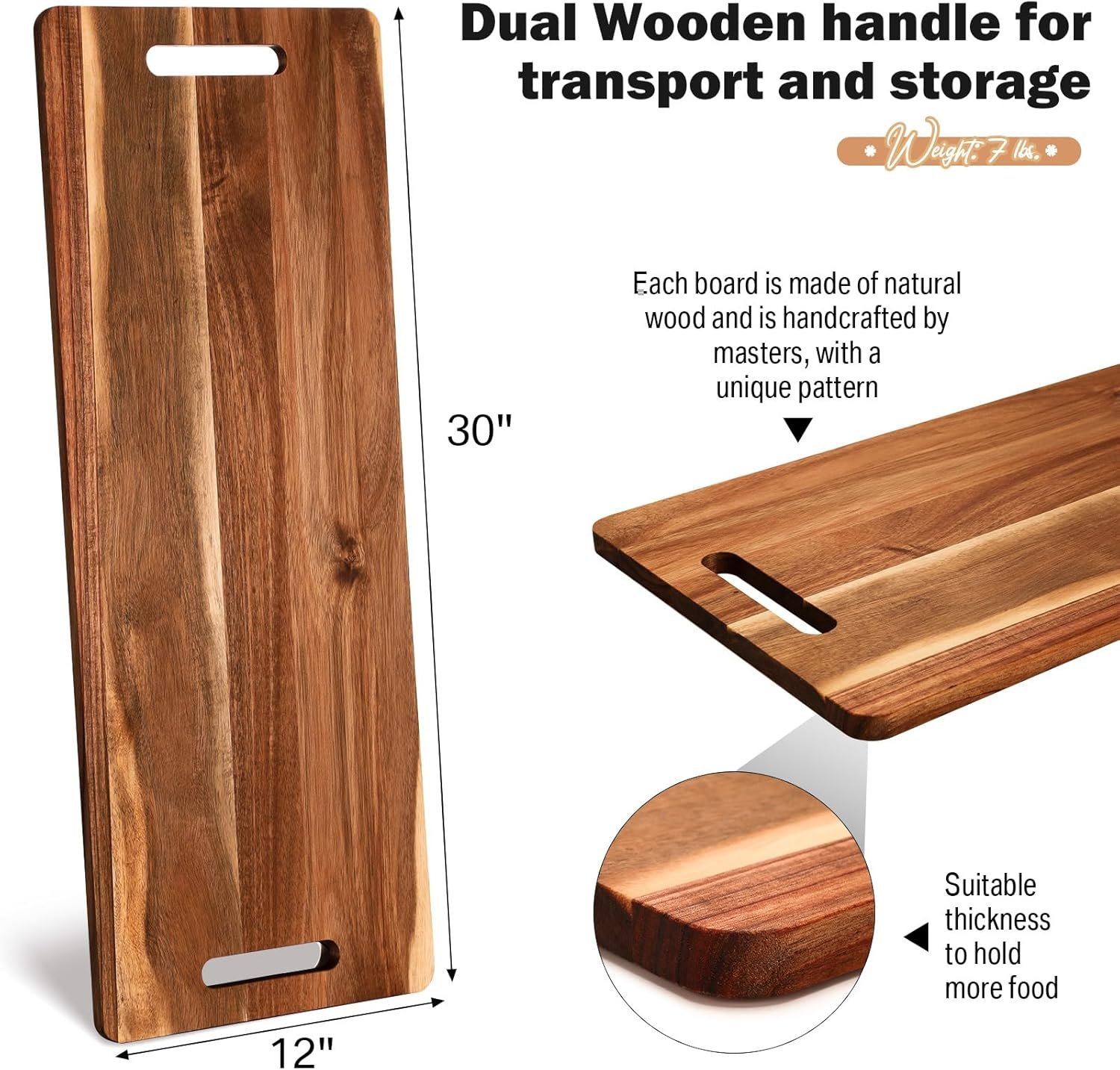 Bokon 2 Pcs Acacia Wooden Charcuterie Boards Acacia Serving Board with Handle Rectangular Hollow Handle Wood Tray Wooden Serving Platter Christmas Favors Wood Server for Cheese Food(30 x 12 Inch) — photo 2