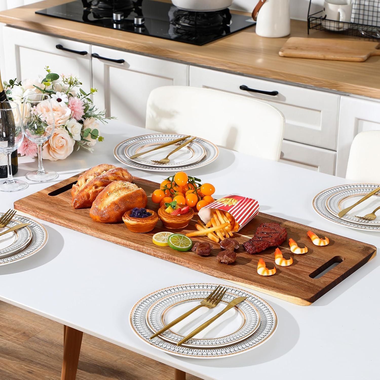 Bokon 2 Pcs Acacia Wooden Charcuterie Boards Acacia Serving Board with Handle Rectangular Hollow Handle Wood Tray Wooden Serving Platter Christmas Favors Wood Server for Cheese Food(30 x 12 Inch) — photo 3