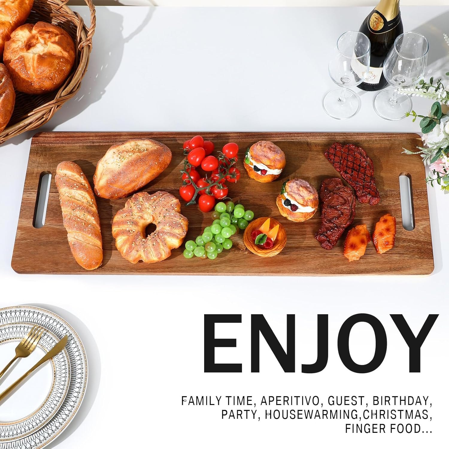 Bokon 2 Pcs Acacia Wooden Charcuterie Boards Acacia Serving Board with Handle Rectangular Hollow Handle Wood Tray Wooden Serving Platter Christmas Favors Wood Server for Cheese Food(30 x 12 Inch) — photo 4