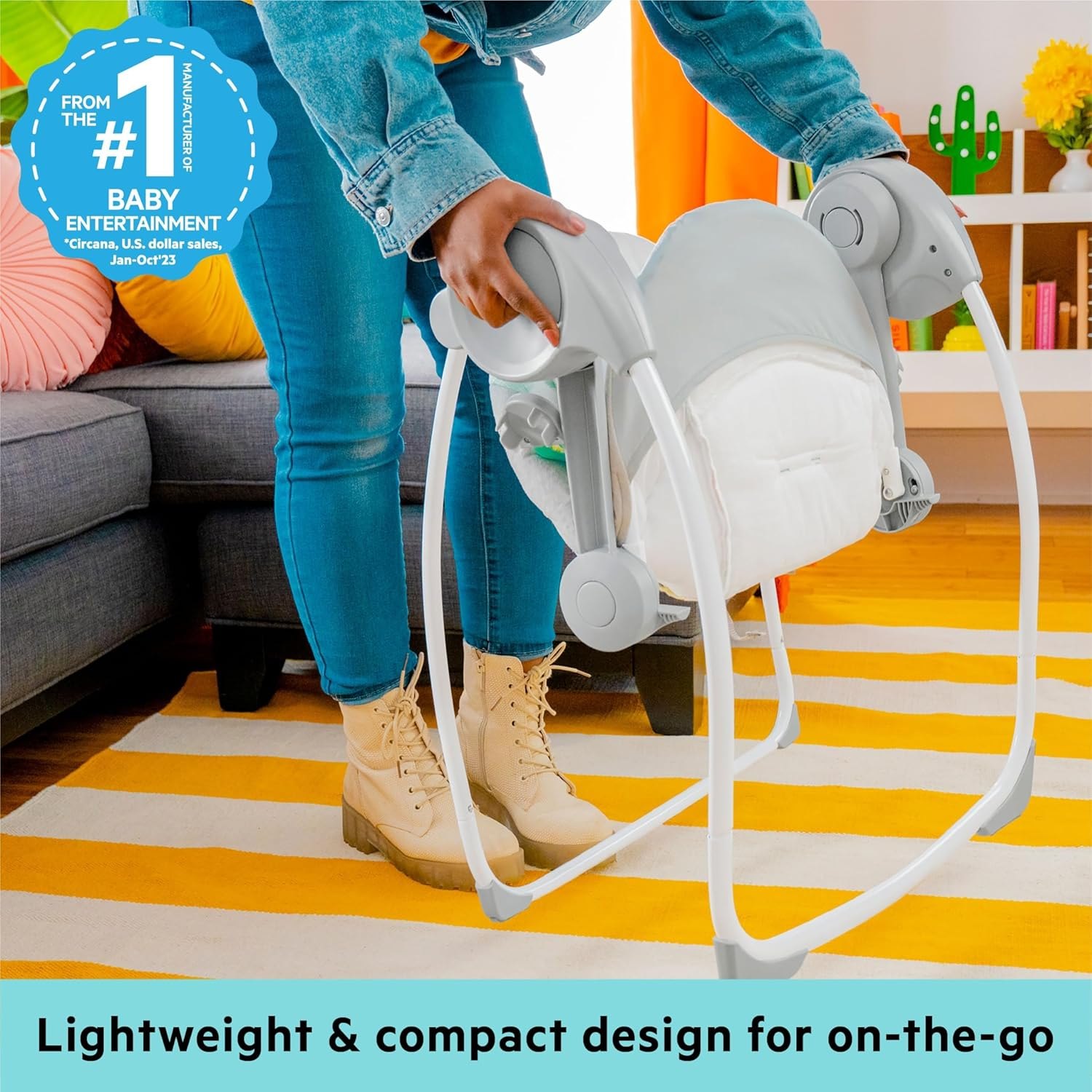 Bright Starts Portable Automatic 6-Speed Baby Swing with Adaptable Speed, Taggies, Music, Removable-Toy-Bar, 0-9 Months 6-20 lbs (Whimsical Wild) Item Location: NSH-18-22-01 — photo 2