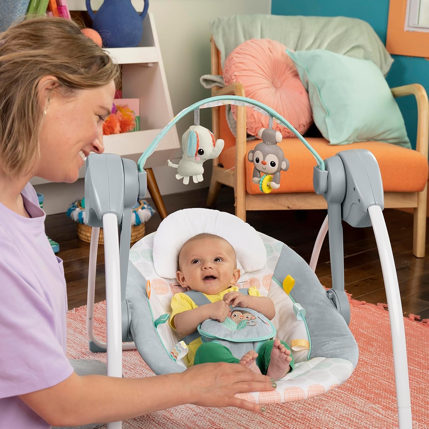 Bright Starts Portable Automatic 6-Speed Baby Swing with Adaptable Speed, Taggies, Music, Removable-Toy-Bar, 0-9 Months 6-20 lbs (Whimsical Wild) Item Location: NSH-18-22-01 — photo 6