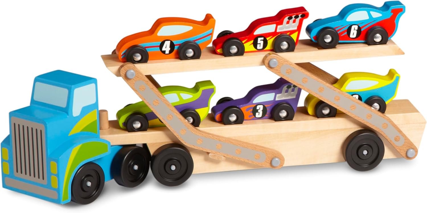 Melissa & Doug Mega Race-Car Carrier - Wooden Tractor and Trailer With 6 Unique Race Cars Item Location: NSH-12-04-03