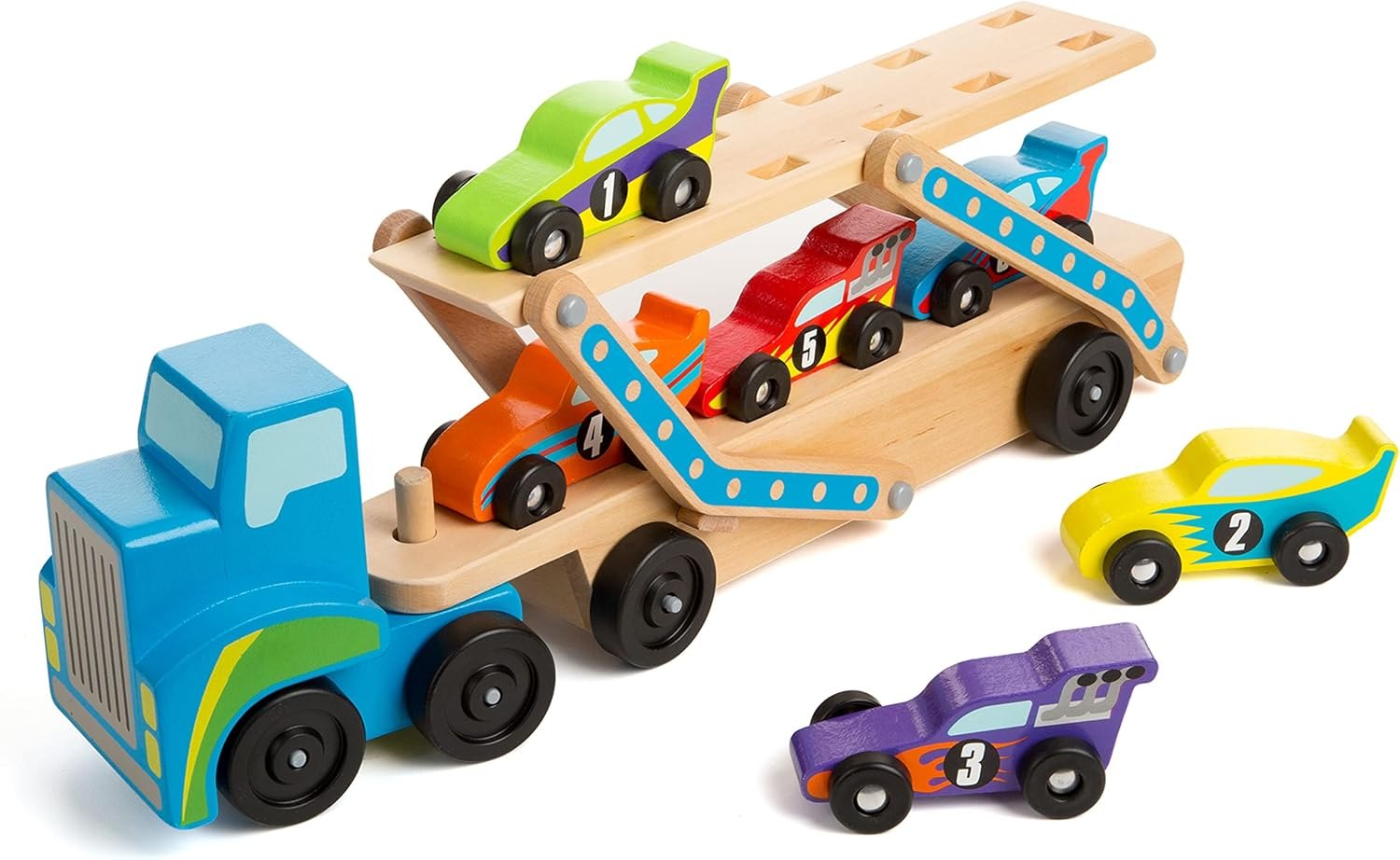 Melissa & Doug Mega Race-Car Carrier - Wooden Tractor and Trailer With 6 Unique Race Cars Item Location: NSH-12-04-03 — photo 4