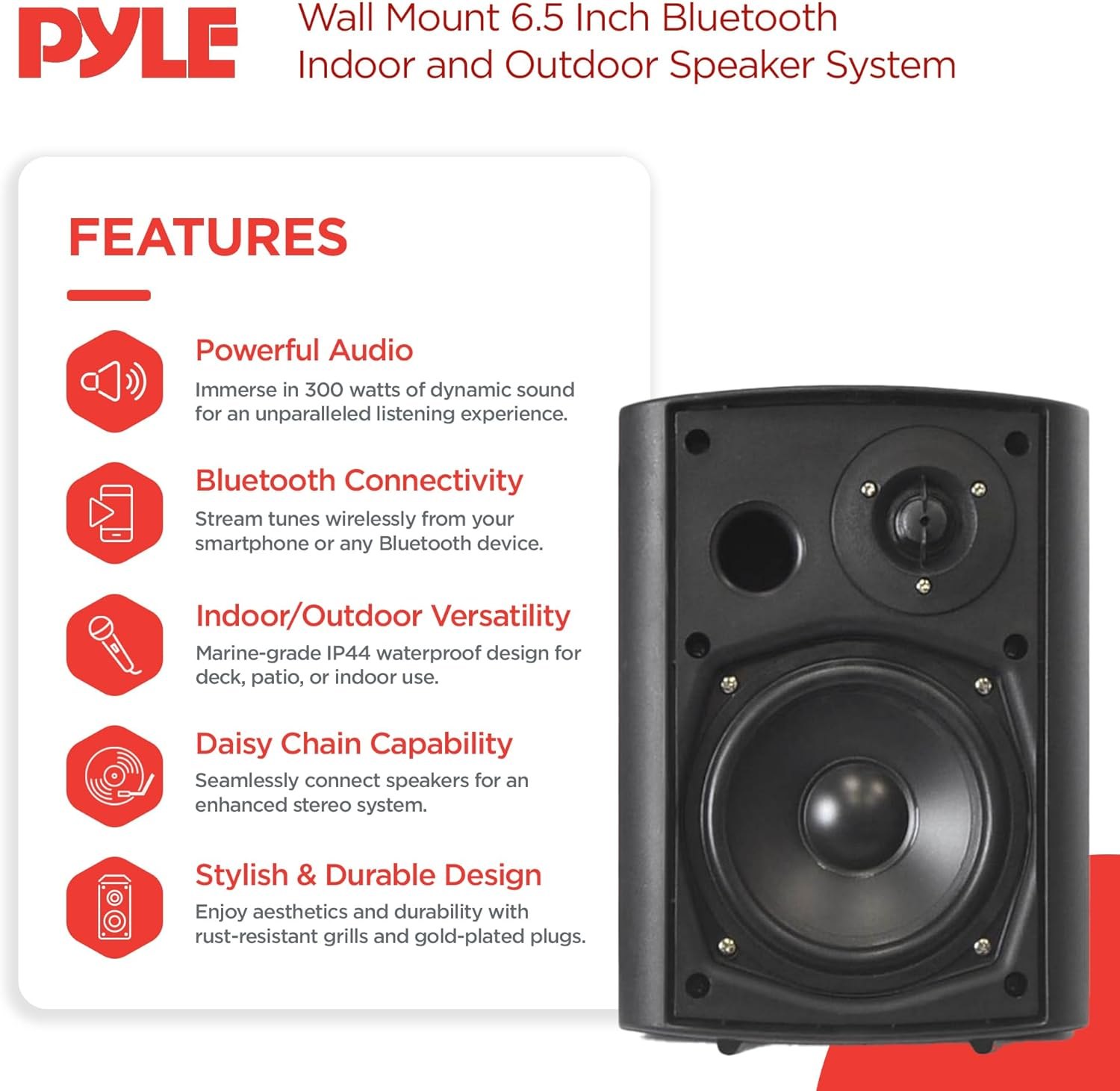 Pyle Audio Wall Mount 6.5 Inch Waterproof Bluetooth Indoor and Outdoor Speaker System Pair with Built In Digital Amplifier, Black — photo 3