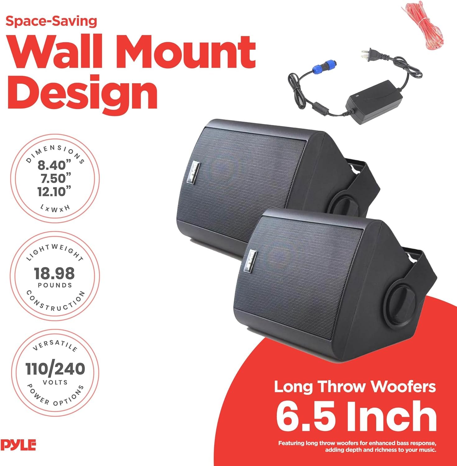 Pyle Audio Wall Mount 6.5 Inch Waterproof Bluetooth Indoor and Outdoor Speaker System Pair with Built In Digital Amplifier, Black — photo 5