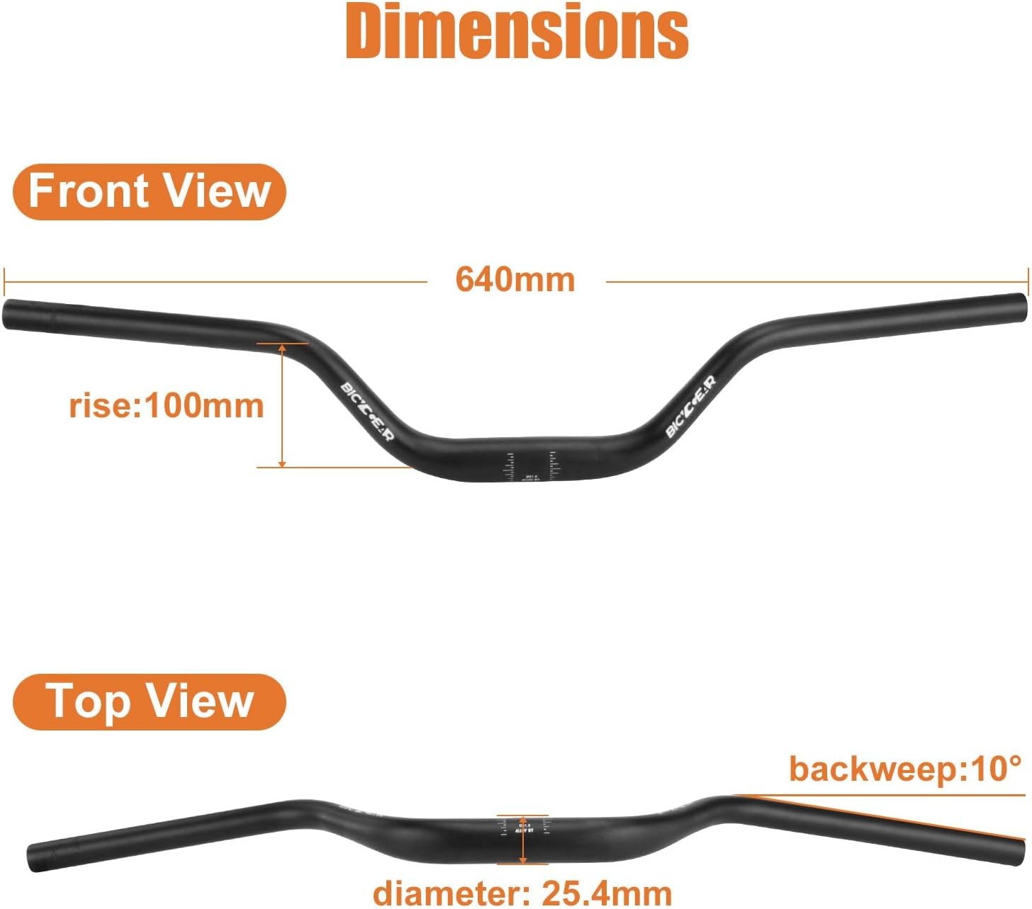 25.4 Mountain Bike Handlebar 640mm, 100mm Rise Bicycle Handlebar 10° Backsweep Aluminum Riser Handle Bars for E Bike, Dirt, Fixie Gear, Motorcycle, BMX, Cruiser, MTB, 1 inch 25.4 x 640mm (100mm rise) — photo 2