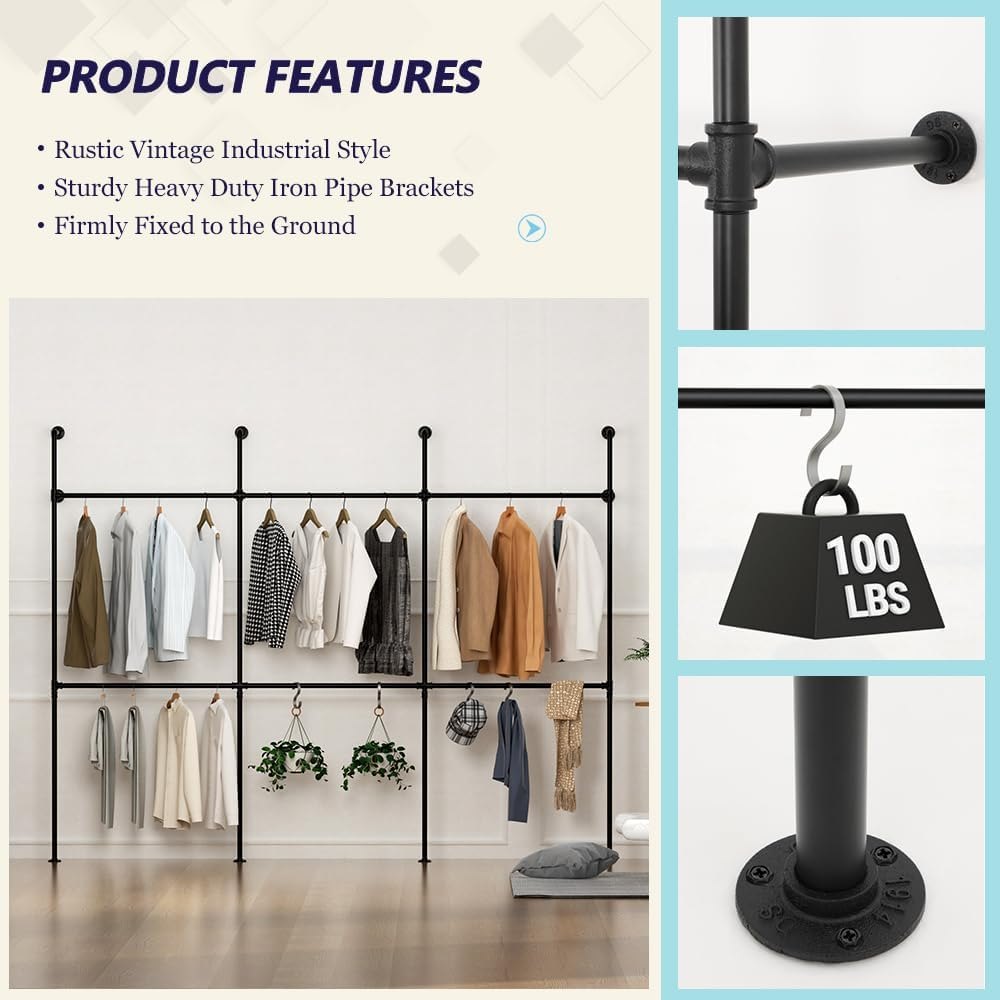 KELIXU Industrial Pipe Clothing Rack Height Adjustable Garment Rack for Hanging Clothes, Heavy Duty Iron Clothes Rack with Double Rods, Wall Mounted Walk in Closet Systems (Three, Black) — photo 2